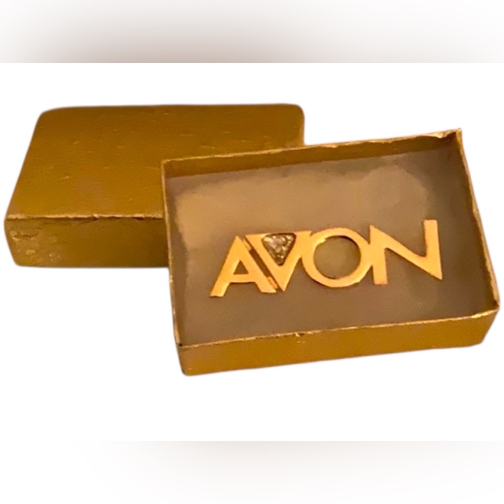 Vintage AVON Gold Tone Logo Brooch Pin w/ Rhinestone Boxed 1990s